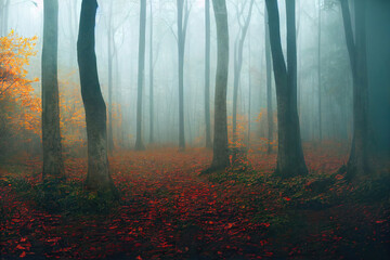 misty foggy autumn forest, wam colors, beautiful nature background wallpaper