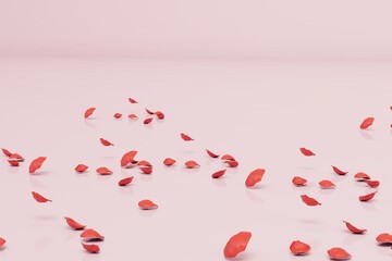 an abstract background consisting of patterns of red rose petals on a pastel background. copy paste. 3D render