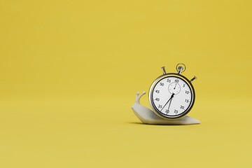 Slow task completion. a snail with a stopwatch on a yellow background. copy paste, copy space. 3D render