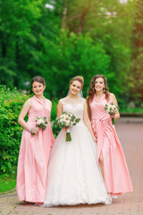 Obraz na płótnie Canvas Bride with bridesmaids in the park on the wedding day. girls hol