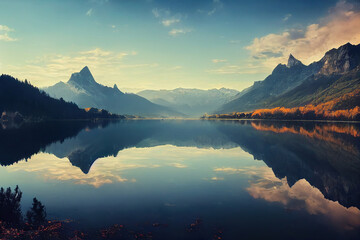 Fototapeta na wymiar Beautiful autumn forest lake mountains landscape, warm colors, water reflections
