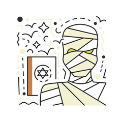 Undead with old occult book isolated on white. Halloween traditional character textured concept design. Egyptian mummy male personage. Magic book with spells and conjuration. Flat vector illustration