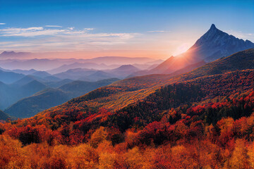 Fototapeta premium beautiful autumn forest mountain sunset landscape