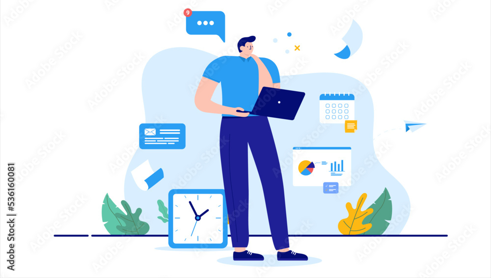 Leinwandbilder Busy man working with data and computer standing holding laptop with busy schedule and lots of work to do. Flat design vector illustration with white background