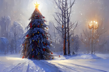 Christmas tree in snow with trees in background - digital oil painting