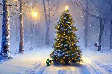 Christmas tree on a path in the snow with a lantern and trees in the background