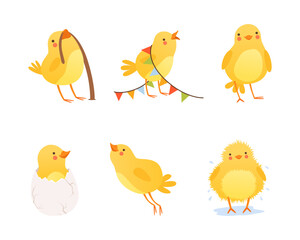 Cute Yellow Chick Engaged in Different Activity Vector Set