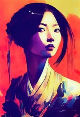Colourful painted portrait of the beautiful asian woman, bold brush strokes, grunge image technique. Ai generated illustration, is not based on any specific real image, character or person.