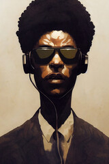 Fototapeta premium Retro portrait of a black business man with headphones and sunglasses. Ai generated illustration, is not based on any specific real image, character or person.