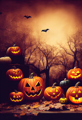 Halloween pumpkin scene, scary faces on pumpkins, woods and bats
