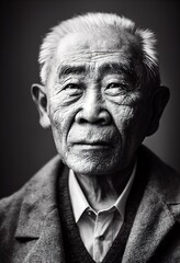 Fototapeta premium Photorealistic black and white illustration of an asian old man in black and white, AI generated, is not based on any real image or character