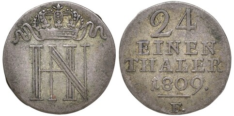 Germany German Westphalia silver coin 1/24 one twenty-fourth of a thaler 1809, ruler Hieronymus Napoleon, French occupation, crowned monogram, denomination and date,