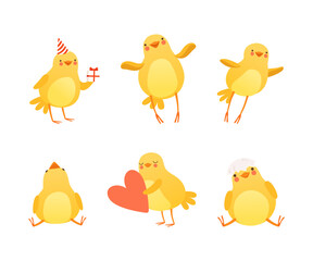 Cute Yellow Chick Engaged in Different Activity Vector Set