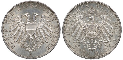 Germany German City of Lübeck silver coin 2 two mark 1904, two-headed eagle with shield on chest,...