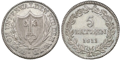 Switzerland Swiss Unterwalden silver coin 5 five batzen 1811, shield with keys flanked by sprigs,...