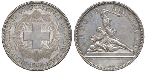 Switzerland Swiss silver coin 5 five francs 1861, subject Arnold Winkelried, radiant cross, fallen wariors, man with bat,