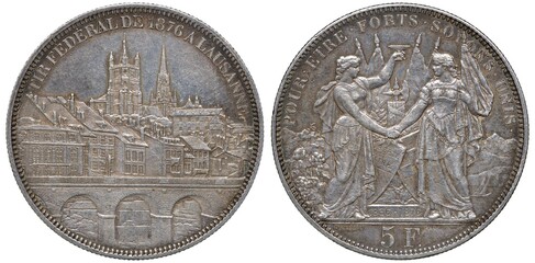 Switzerland Swiss silver coin 5 five francs 1876, subject Shooting festival in Lausanne, city view...