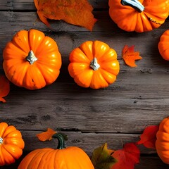 Autumn background for text with pumpkins. Top view. Copy space