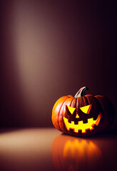 Ominous Halloween pumpkin lying on floor against wall, burning carved face on pumpkin
