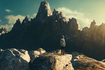 Stunning photorealistic landscape, view from the cave on sunset over mountains. Ai generated illustration, is not based on any specific real image