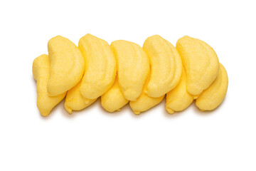Banana marshmallow candy isolated on a white background.