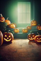 Orange pumpkins with carved faces and glow. Lying on stone floor against window, Halloween holiday
