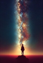 Fototapeta premium Photorealistic stunning landscape with milky way and human figure in silhouette. Ai generated is not based on any specific real image