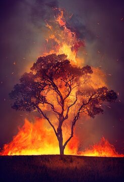 Photorealistic burning tree in the woods, ai generated, is not based on any real image