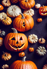 Carved pumpkins with faces lying on the surface. Orange and white pumpkins for Halloween
