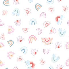 Seamless pattern with hand drawn rainbows, hearts, clouds, raindrops. Vector background with colorful pastel rainbow childish scandinavian style for fabric print, apparel, children textile design