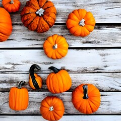 Autumn background for text with pumpkins. Top view. Copy space