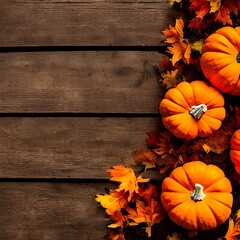 Autumn background for text with pumpkins. Top view. Copy space