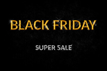 Black Friday Super Sale. Luxury dark textured background silver and golden text lettering. Horizontal banner, poster, header website.
