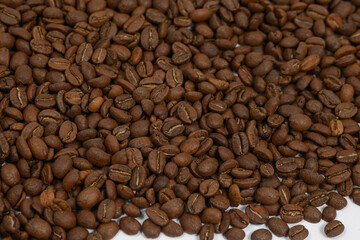 Spilled roasted coffee beans, place for Copy space.