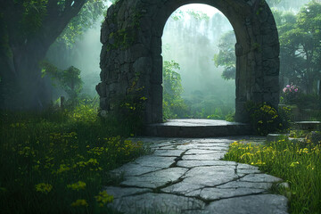 stone portal in the middle of the garden of Eden, lush green foliage, beautiful nature background wallpaper, cg illustration