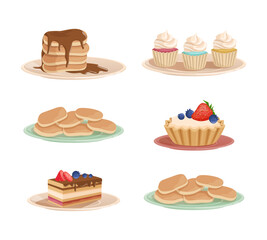 Tasty Desserts with Cupcake, Pancakes, Tart and Cake on Plate Vector Set