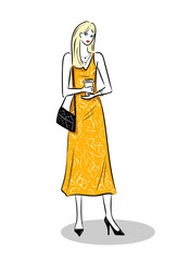 Beautiful woman in yellow dress with handbag holds a glass of coffee in her hands.