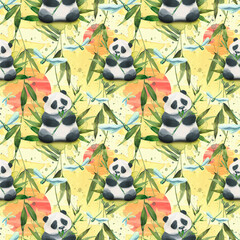 Cute pandas in bamboo thickets against the background of bright red and orange, the eastern sun. Watercolor illustration. Seamless pattern from a BAMBOO set. For fabric, wallpaper and textiles.