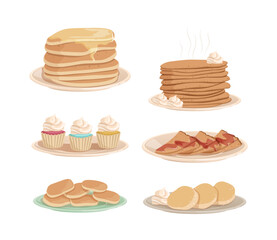 Tasty Desserts with Cupcake with Whipped Cream and Pile of Pancakes on Plate Vector Set