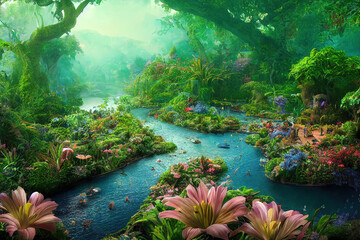 Graden of Eden, colorful flowers, beautiful lush nature background wallpaper, cg illustration