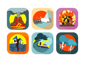 Natural Disaster or Hazard and Catastrophe with Volcano Eruption, Avalanche, Earthquake, Tsunami and Storm Vector Set
