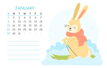 January children's calendar 2023 with an illustration of a cute rabbit on skis. 2023 is the year of the rabbit. Winter illustration of the calendar page.