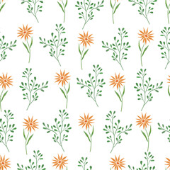 Fototapeta na wymiar Seamless pattern hand drawn yellow flowers and green herbs on white background