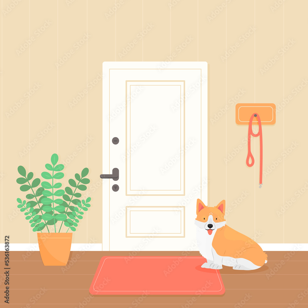 Wall mural a welsh corgi dog is waiting for a walk. the dog is sitting in the hallway by the door. pet illustra