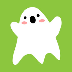 A frightened ghost in cartoon style isolated on a green background. Halloween illustration.