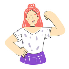 A happy confident girl in a cartoon flat style. A woman shows strength. A strong woman. Female power. Isolated illustration.