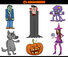 cartoon spooky Halloween holiday characters set