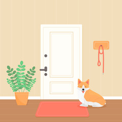 A welsh corgi dog is waiting for a walk. The dog is sitting in the hallway by the door. Pet illustration.
