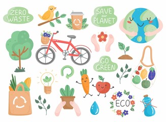 Eco set in cartoon cute style. Collection of eco friendly design elements. Illustration isolated on background.