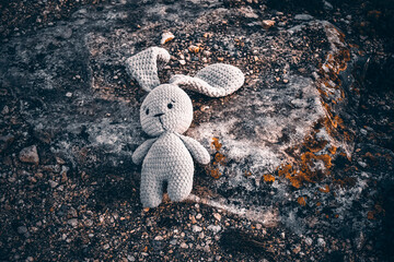 lost toy hare is lying on the ground, an abandoned hare toy - Powered by Adobe